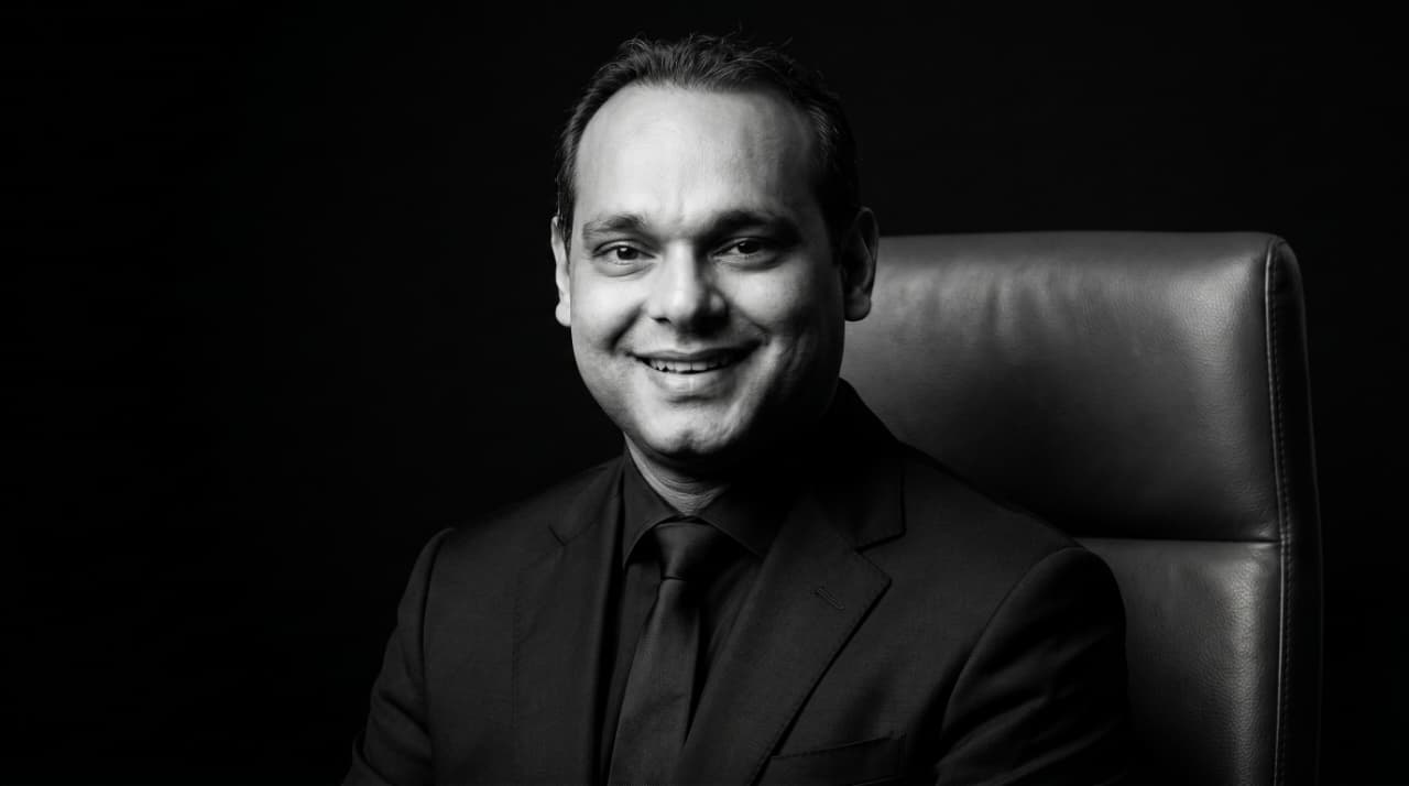 Black and white portrait of Samresh Kumar